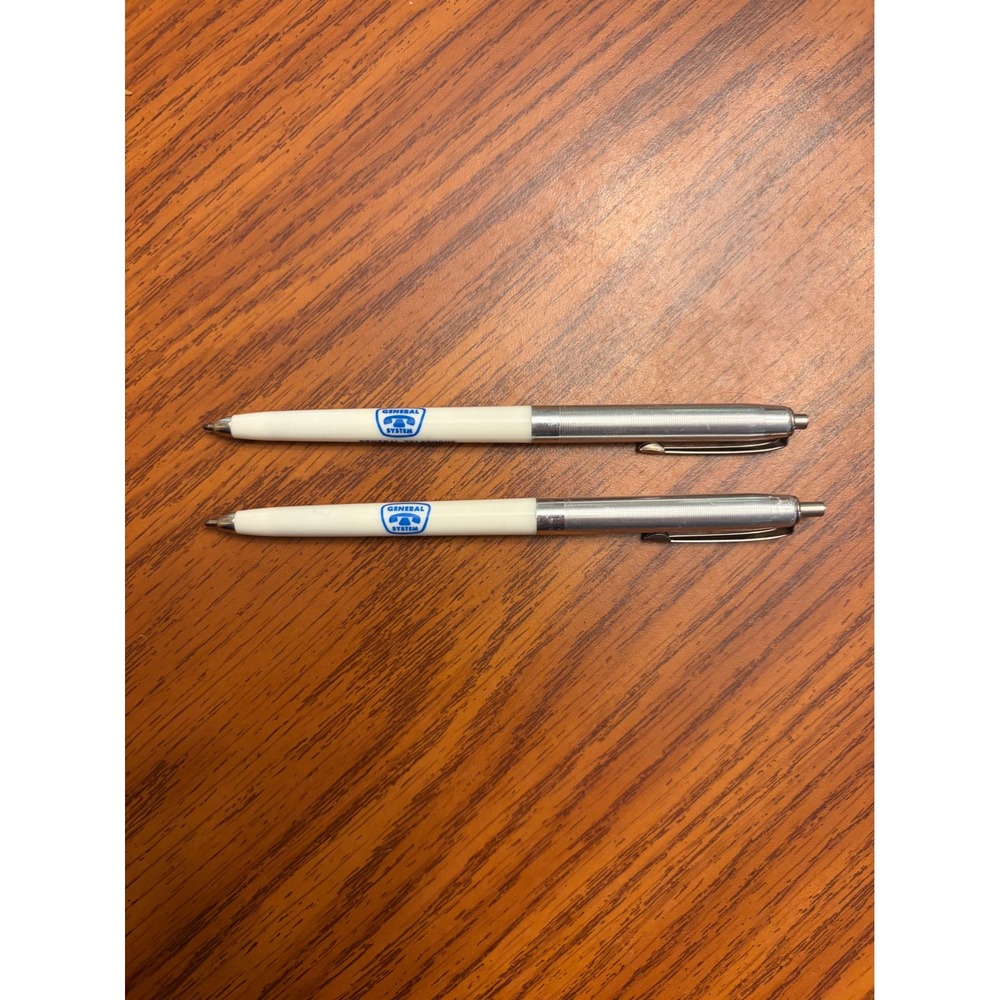 Vintage General Telephone System Advertising Pens Set of 2 Blue Ink Chrome White